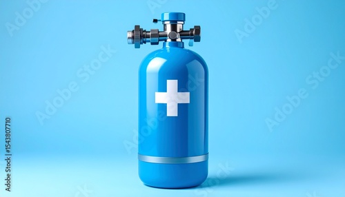 Close-up photo of an blue oxygen cylinder with a white cross logo 