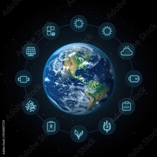 A vibrant depiction of Earth surrounded by icons representing renewable energy and sustainable technology.