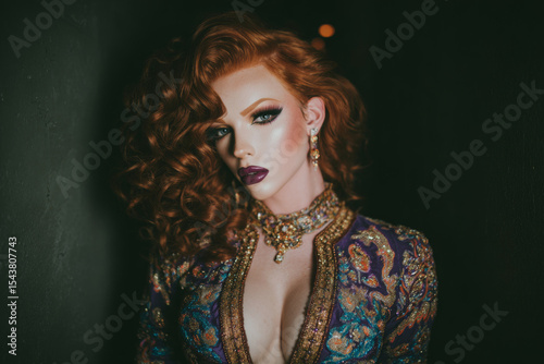 Alluring drag queen with fiery red hair, striking makeup, and an ornate, jeweled ensemble