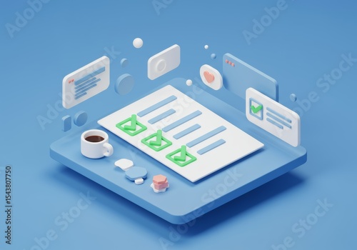  A clean, isometric 3D render of a desk setup featuring a document with checkboxes, a coffee cup, and various office icons, representing productivity, task management, and digital workflow.