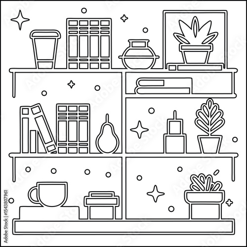 Office workspace illustration with bookshelves plants and coffee cups