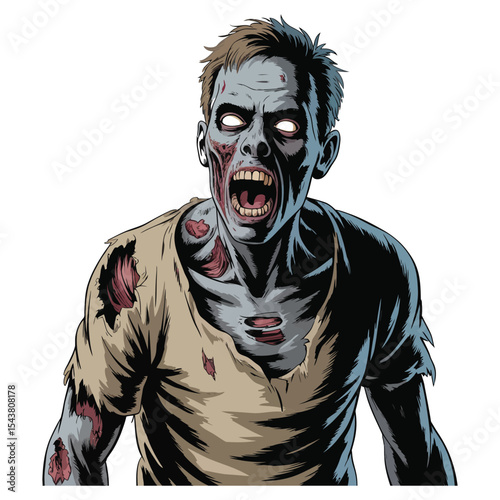 A realistic zombie with torn clothes, visible ribs, and open mouth in a mid-growl pose in vector art
