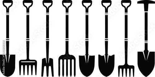 Illustration of seven gardening tools including shovels and garden forks