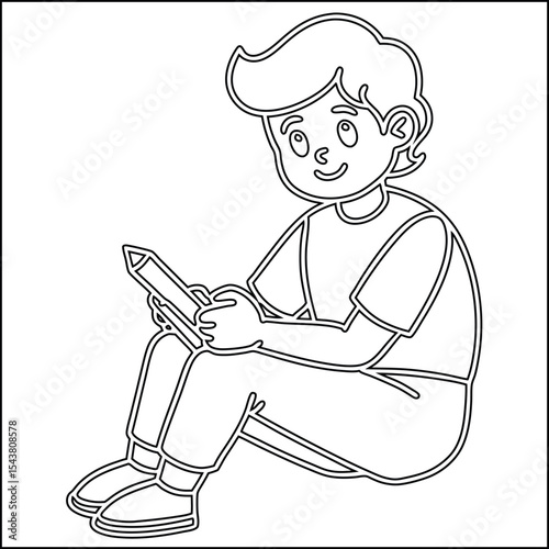 Simple illustration of a young boy sitting and drawing