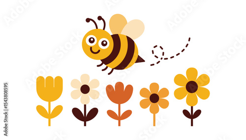 Cute Flying Bee with Colorful Flowers – Flat Cartoon Vector Illustration.