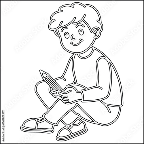 Young boy sitting and drawing with pencil simple illustration
