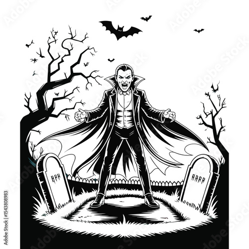 A vampire rising from a grave with a haunted castle in the background in vector art