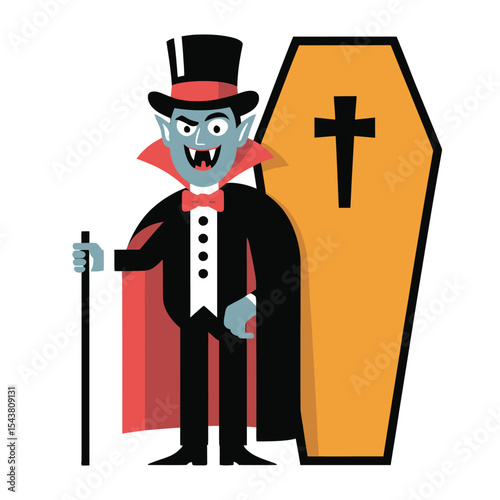 A vampire wearing a top hat and holding a cane beside a coffin in vector art