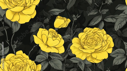 Vibrant Yellow Roses, Flourishing In Seamless Pattern Design, Capturing Nature's Beauty, Set Against A Dark Black Background