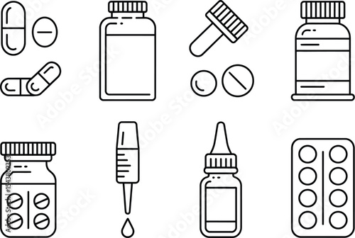 Outline illustration showing various types of medicine and containers used