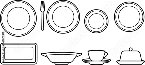 Outline illustration of various tableware items including plates and a fork