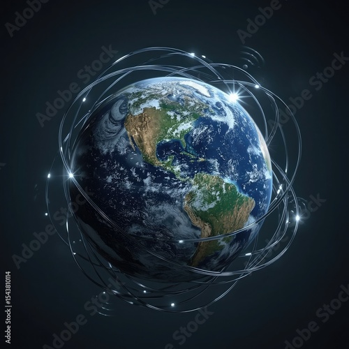 A digital illustration of Earth surrounded by glowing satellite connections, symbolizing global communication.