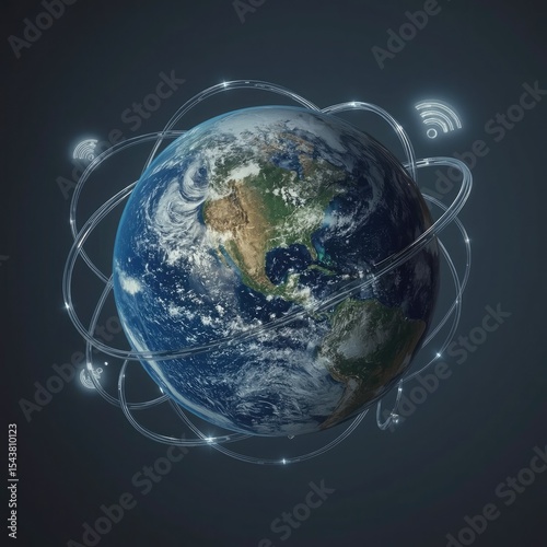 A stylized digital representation of Earth surrounded by glowing connectivity rings, symbolizing global communication.