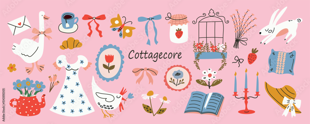 Fototapeta premium Cottagecore vector set with cute flat elements. Hand drawn flowers, bows, barn, goose, chicken, butterfly, dress, book. Spring and summer country lifestyle. Farm, garden, nature theme. 