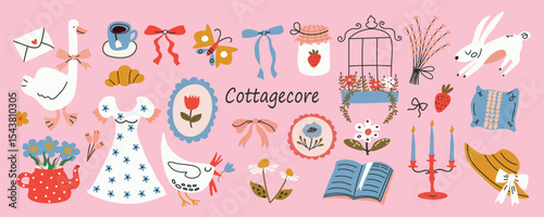 Cottagecore vector set with cute flat elements. Hand drawn flowers, bows, barn, goose, chicken, butterfly, dress, book. Spring and summer country lifestyle. Farm, garden, nature theme. 