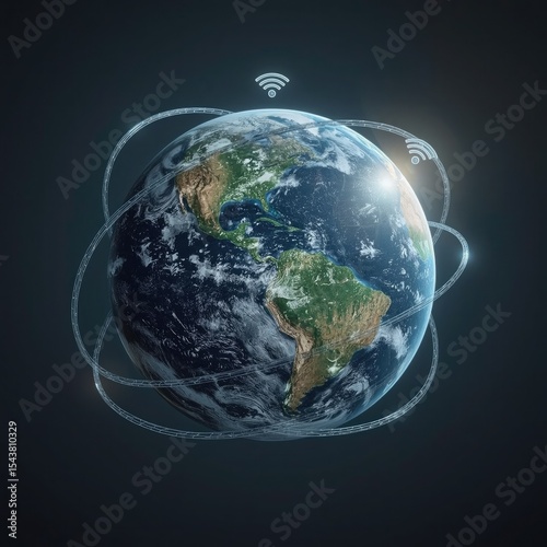 A digital representation of Earth, surrounded by circles of wireless signals, symbolizing global connectivity.