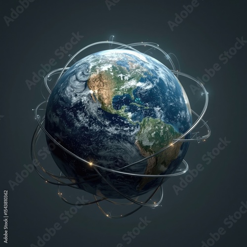 A stunning view of Earth surrounded by glowing orbital lines, symbolizing technology and connectivity.