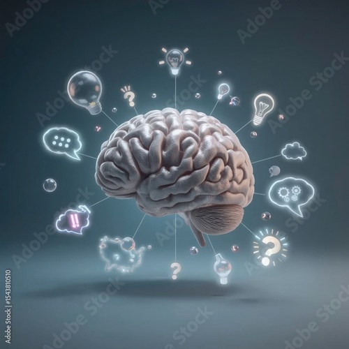 A creative 3D rendering of a human brain surrounded by lightbulb and question mark icons, symbolizing ideas and curiosity.