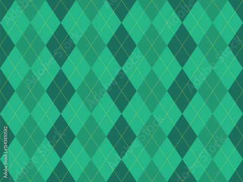 Elegant green and teal argyle diamond pattern background.  Perfect for website design, textiles, or branding projects.  Sophisticated, timeless geometric texture with subtle yellow stitching detail.