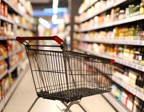 shopping cart by a store shelf in a supermarket