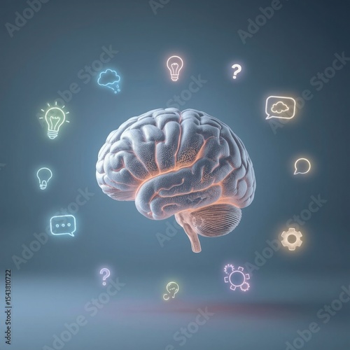 A realistic 3D rendering of a brain surrounded by glowing icons representing thoughts, ideas, and questions.