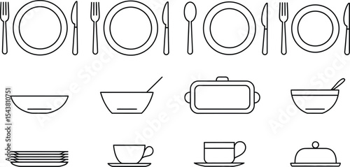 Line art illustration of various dining and serving dishes and utensils