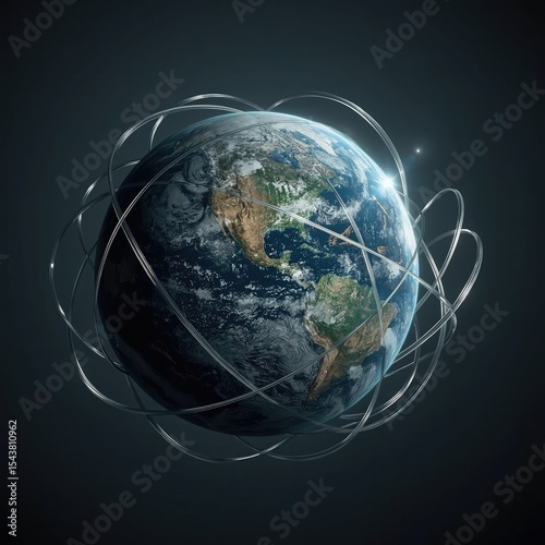 A stunning depiction of the Earth surrounded by futuristic satellite rings, symbolizing global connectivity and technology.