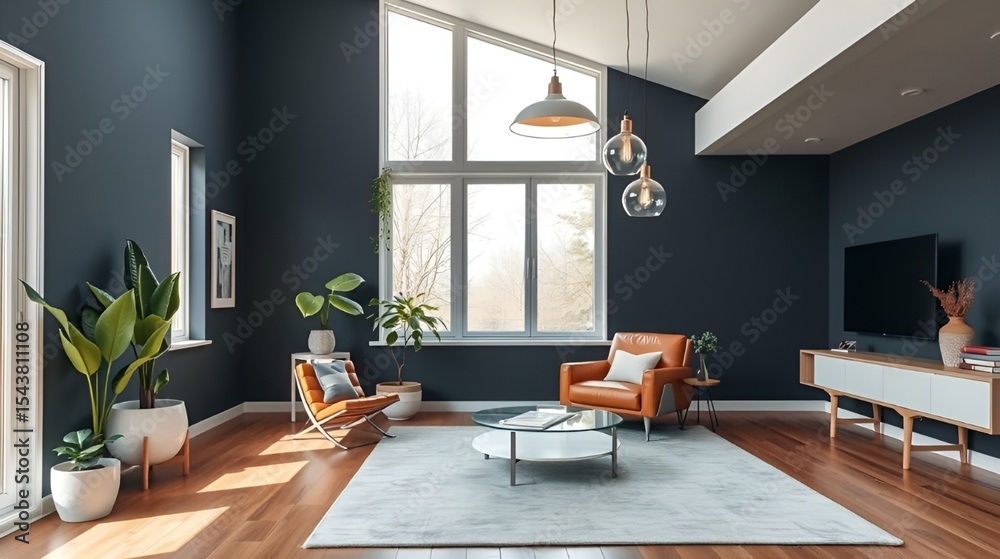 Fototapeta premium Modern minimalist room with blue walls, leather chair, plants, and natural light.