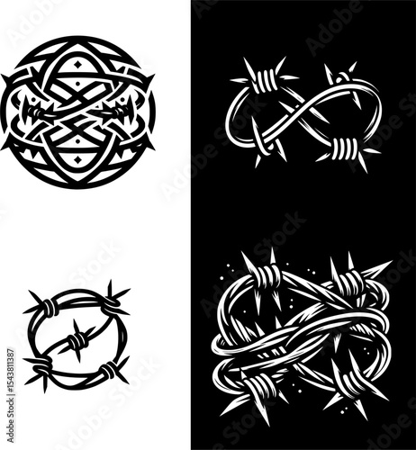 set of simple black and white barbed wire icon in line art style, symbolizing war zones and restriction.