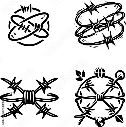 set of simple black and white barbed wire icon in line art style, symbolizing war zones and restriction.