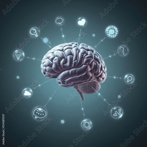 A detailed digital illustration of a human brain surrounded by various icons representing thoughts and ideas.