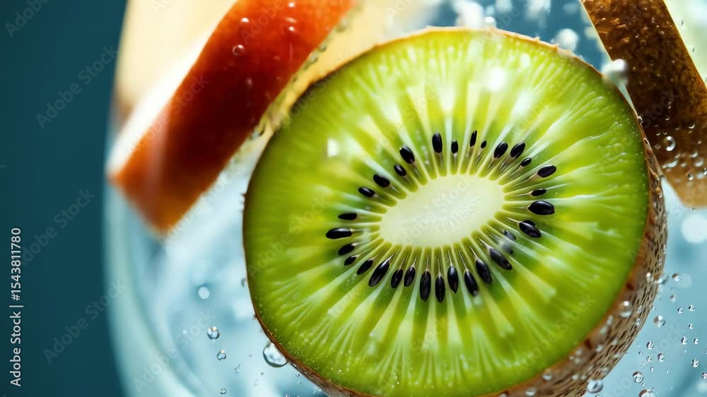 Slices of kiwi and apple floating in sparkling water  