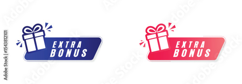 Extra Bonus Gift Icon Label, Hot Pink and Blue Reward Tag with Present Box Illustration on White Background.