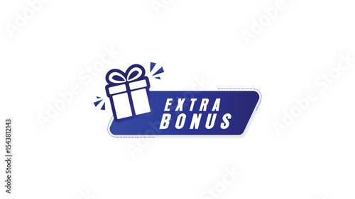 Extra Bonus Gift Icon Label, Blue Reward Tag with Present Box Illustration on White Background.