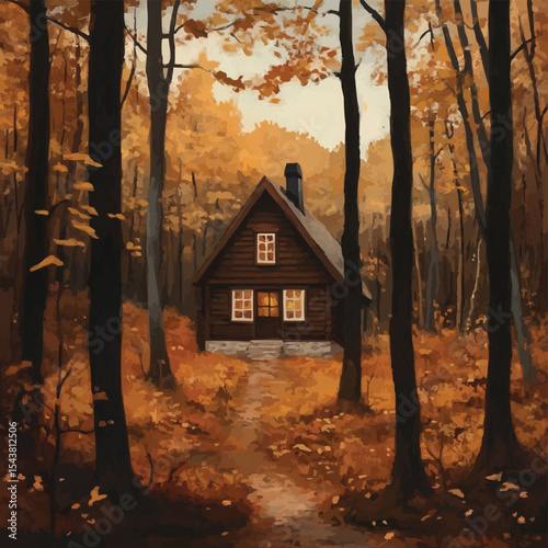 Rustic cabin in an autumn forest with a large peaceful clearing, 8K hyper-realistic