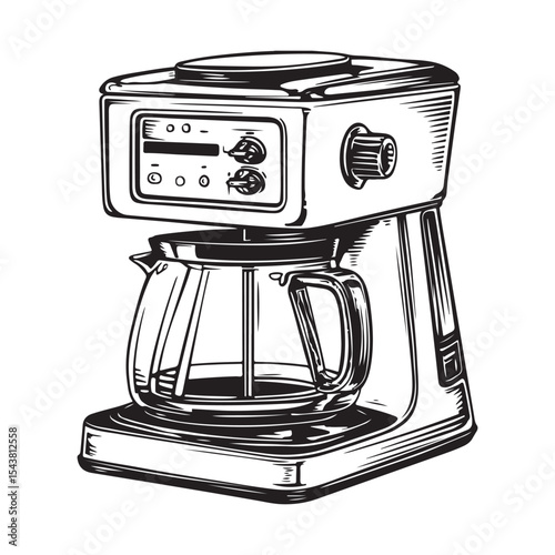 Glass electric milk frothier with measurement markings, A sleek coffee maker with a glass carafe and stainless steel accents designed for brewing coffee