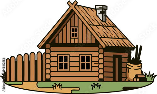 Rustic Wooden Farmhouse with Fenced Garden and Chimney – Countryside Cabin Illustration