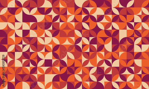 Vibrant midcentury modern geometric pattern.  A seamless design featuring warm, earthy tones in a repeating floralinspired motif.