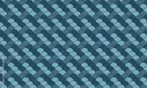 Abstract seamless pattern of overlapping semicircles in calming blue hues.  Evokes water, scales, or waves ideal for backgrounds, textures, website design, and print media.