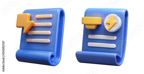 Energy Bill Icons 3D Renderings for Electricity Cost Document Symbol in Blue Yellow with Lightning Bolt on Transparent Background