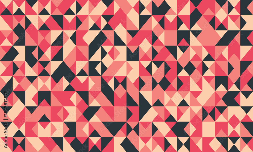 Abstract geometric background featuring a vibrant mosaic of coral, peach, and charcoal triangles.