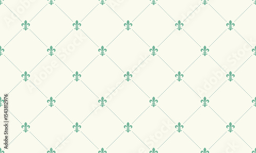Elegant seamless pattern featuring delicate fleurdelis motifs on a subtle grid.  Perfect for wallpapers, textiles, website backgrounds, and stationery.