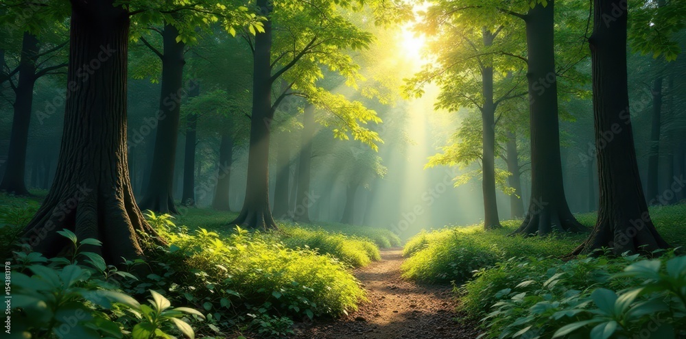 Obraz premium Dense forest with sunlight filtering through trees, bokeh, foliage