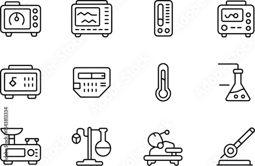 Line art illustration of various scientific and laboratory equipment icons