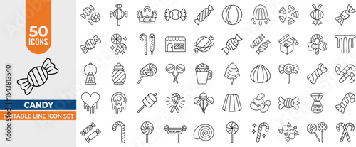 50 Candy & Sweet Treat Line Icons Set – Lollipop, Caramel, Jelly, Sugar. Editable Stroke. Vector illustration