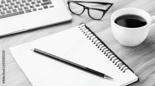 Workspace featuring blank notebook, pen, coffee cup, and glasses, perfect for creative writing and brainstorming