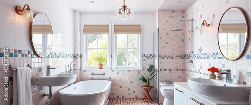 Bright, stylish bathroom with creative tilework and natural light,  contemporary,  texture