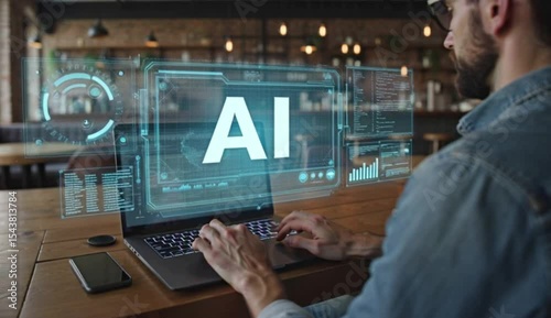 Man Working on Laptop A I Technology Futuristic Interface Digital Transformation Modern Workplace
