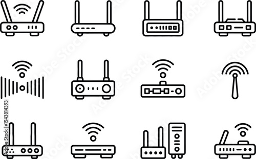 Collection of wifi router icons in black outline on a white background set