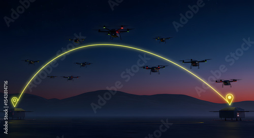 Drone Delivery Route with Night Sky Background Depicting Modern Technology Logistics Automation Innovation and Future Supply Transport Concept